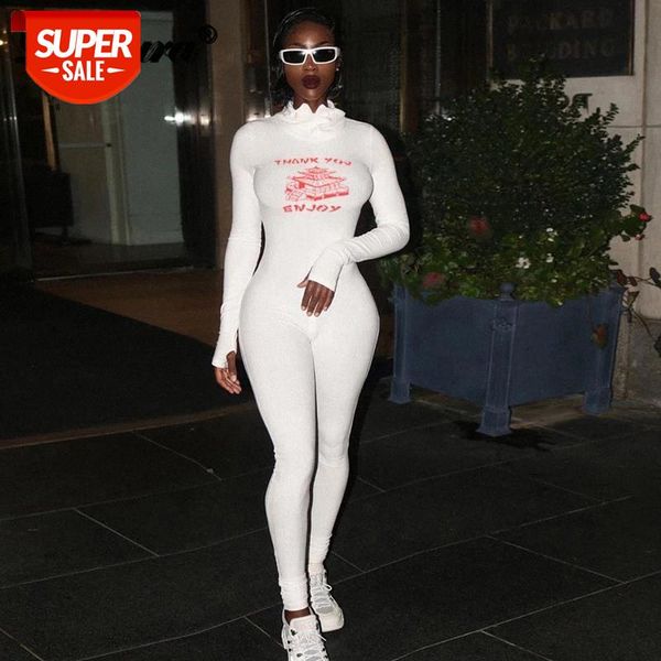 

dulzura tower letter print women long sleeve jumpsuit turtleneck zipper bodycon skinny streetwear 2020 autumn winter sporty #lt50, White