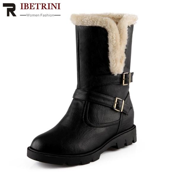 

boots ribetrini laides round toe buckle ankle shoes women winter warm short plush wedges casual brand, Black