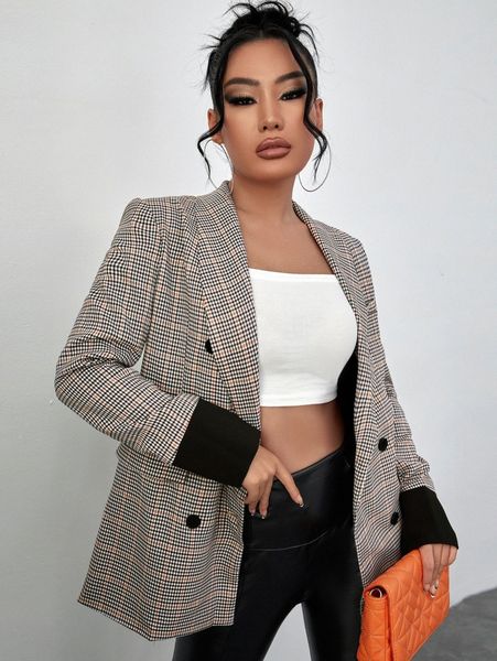

sxy plaid double breasted shawl collar blazer k68p#, White;black
