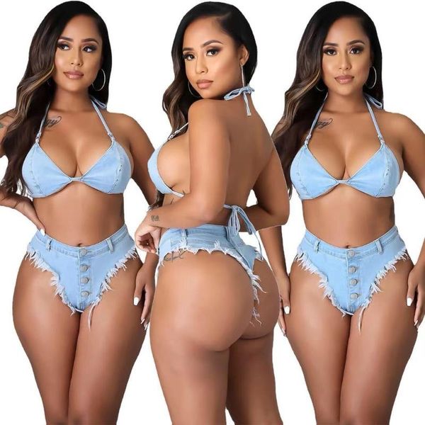 

bras sets fashion style denim strap tassel bikini cowboy suit two-piece, Red;black