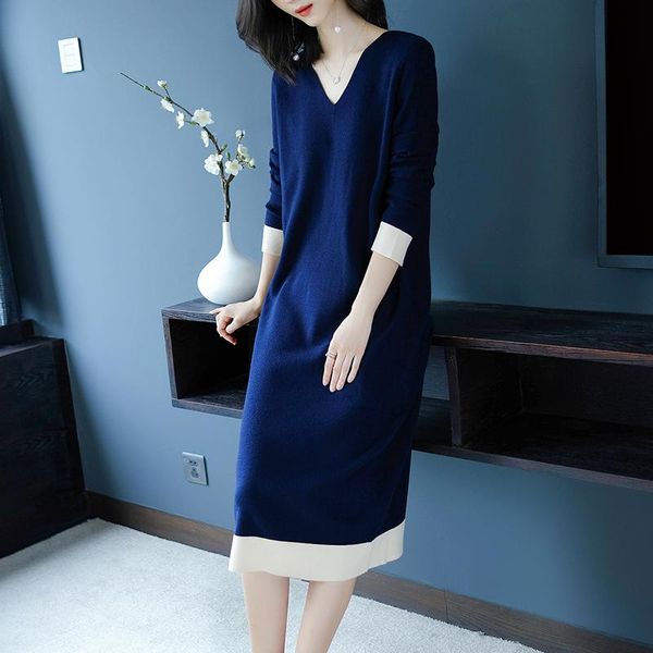 

casual dresses women long knit dress 2021 fashion wool sweaters v-neck sleeve autumn winter loose cashmere, Black;gray