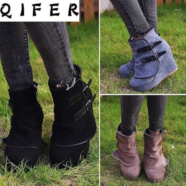 

women boots faux suede leather wedge platform hidden heel shoes high casual for woman ankle boot jt-687-11, Black