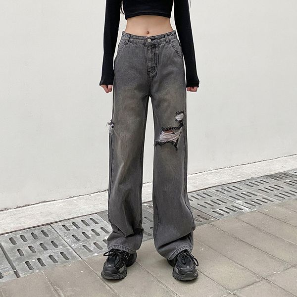 

ripped hole tassel stretch distressed black jeans woman high waist vintage casual straight denim pants capris autumn, Black;white