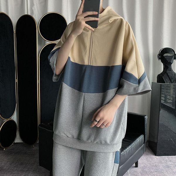

summer short-sleeved hoodie suit men's korean casual fashion loose pullover hoodie shorts suit men's streetwear solid color, Gray