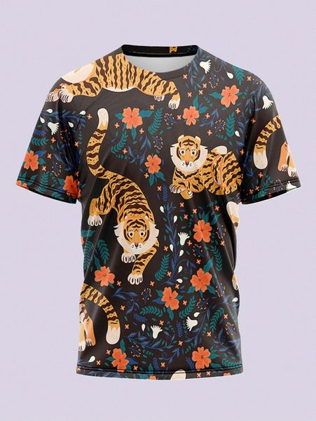 

men tiger & floral print tee z3ar#, White;black