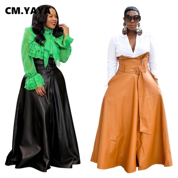 

cm.yaya women high waist faux leather long skirts night club street vintage sashes a-line maxi pu party bandage skirt 210708, Black