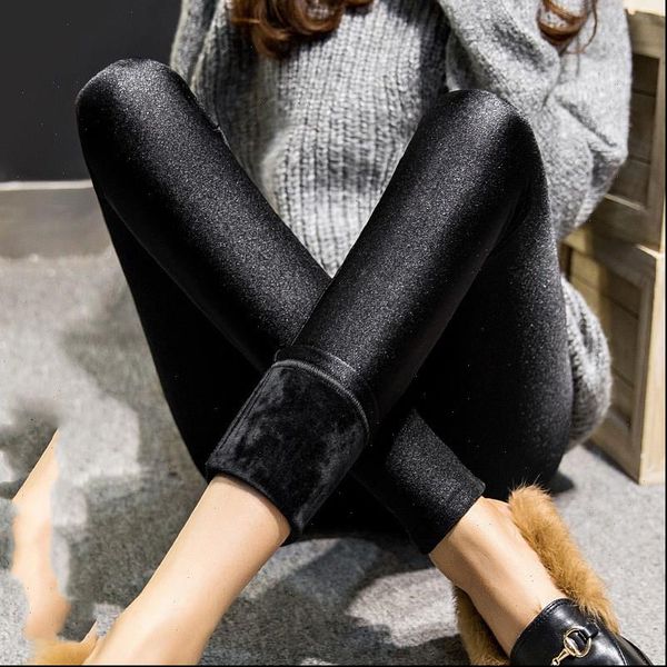 

high waist lurex winter women warm velvet pants lady plus size thick pant black slim stretch capris trousers, Black;white