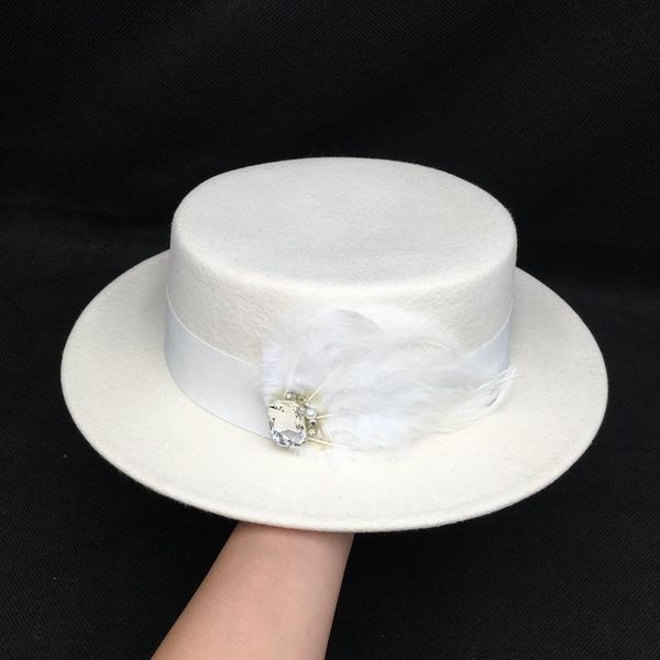 

stingy brim hats winter wool french grace flat hat black and white feather diamond design fashion felt, Blue;gray