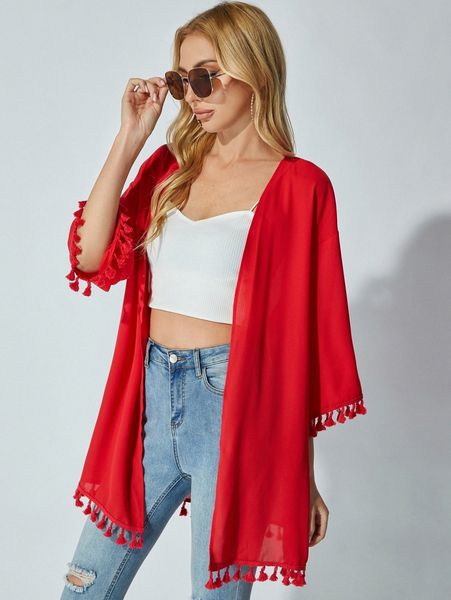 

open front drop shoulder tassel hem kimono 44yb#, White;black