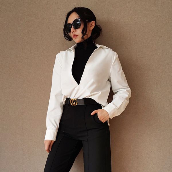 

2021 office lady solid color shirts women deep v neck long sleeve blouse autumn winter new fashion vintage streetwear yjvv, Black;white