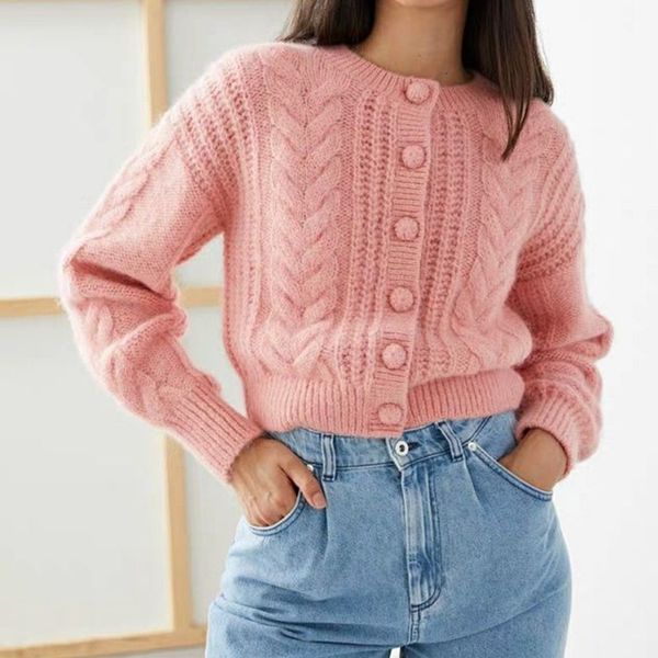 

2021 spring and autumn new round neck long-sleeved cloth button cable knit cardigan fashion all-match sweater women mit0, White;black