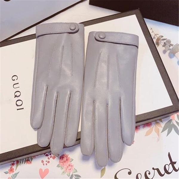 

five fingers gloves leather sheepskin ladies women warm plus velvet buttons multi-color, Blue;gray