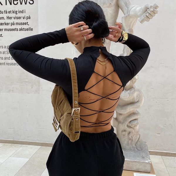 

yiciya bandage no back woman's shirt black ribbon harvest thin ladies long t-shirt streetwear h35f, White
