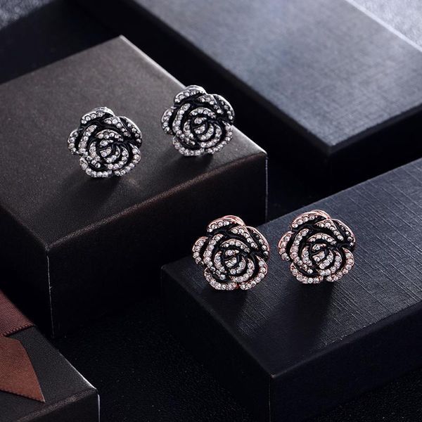 

stud delicate camellia petite earrings black flower rose full rhinestone luxury earring accessories for women, Golden;silver