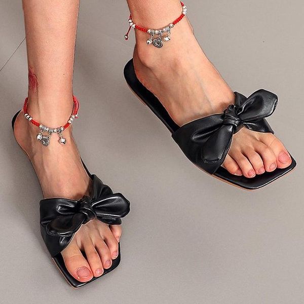 

trend retro women slippers bow-tied knot pu leather flat heel rubber sole open toe beach vacation slides outdoor sandals ladies, Black