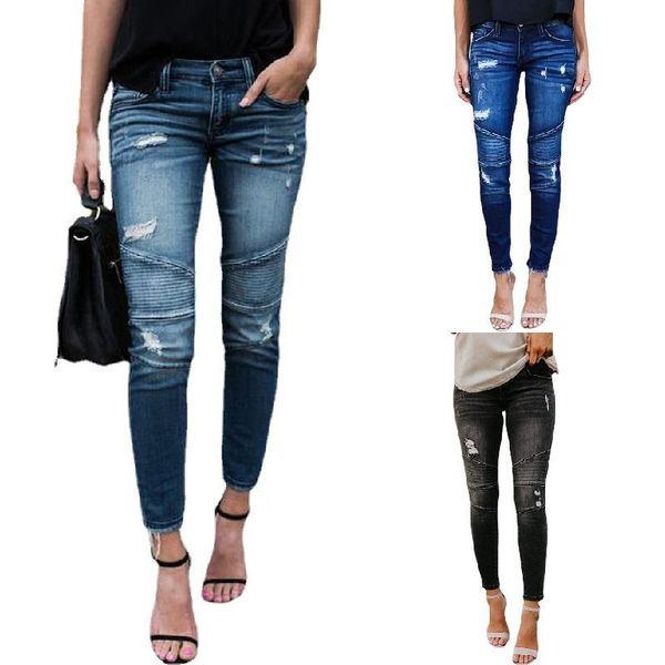 

women's jeans s - xxl skinny denim for women pencil pants ladies slim pleated ripped hole stretch jean trousers, Blue