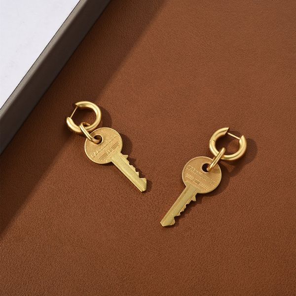 

new frosted gold european and american exaggerated key charm earrings for women's stainless steel accessories do not fade and are not a, Golden