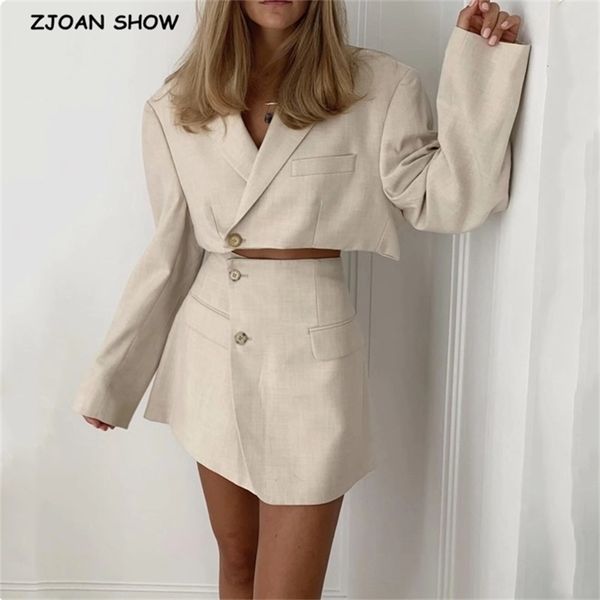 

one button short women blazer cropped high waist irregular cross slit mini skirt long sleeve suits 2 pieces set vintage 211022, White