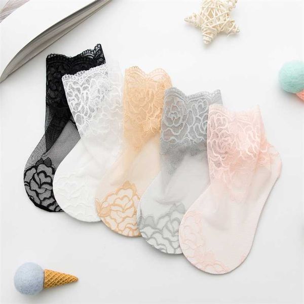 Girls Meias Lace Flores Verão Malha Fina Branco Rosa Princesa Sock Elastic Cute Kids Crystal Não-Slip Respirável Ancebo Sock 211028