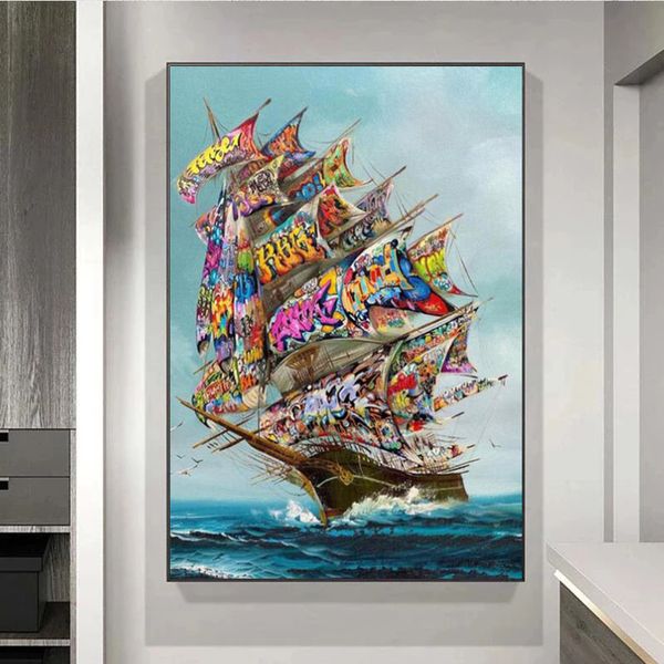 Sturm auf dem Meer, Graffiti-Kunst, Piratenschiff, Vintage-Leinwandgemälde, Poster und Drucke, Wohnzimmer-Kunst, Wanddekoration, Gemälde