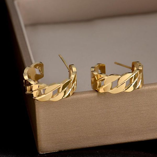 

hoop & huggie fashion punk gold circle hollow out metal earrings stainless steel geometric c shape ear rings women jewelry gifts, Golden;silver