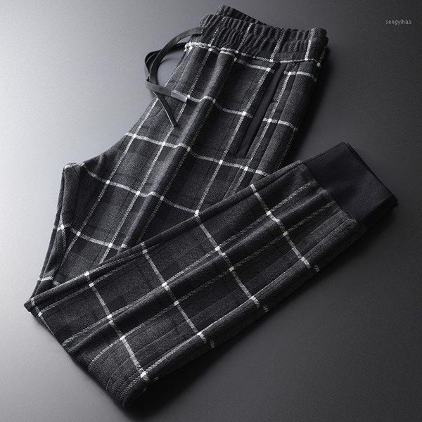 

men's pants soft thick cashmere yarn dyed fabric fashion plaid casual slim fit sports leg, Black