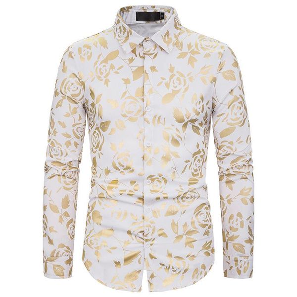 

autumn night club men's lapel rose gilded print slim long sleeve shirt tide floral shirt men's jacket dress shirts men, White;black