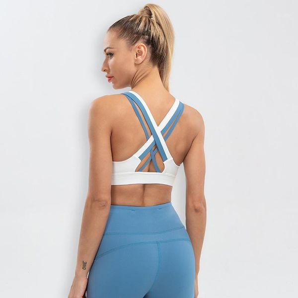

color contrast patchwork cross shoulder strap women high strength shockproof sports bra quick-drying yoga outfit