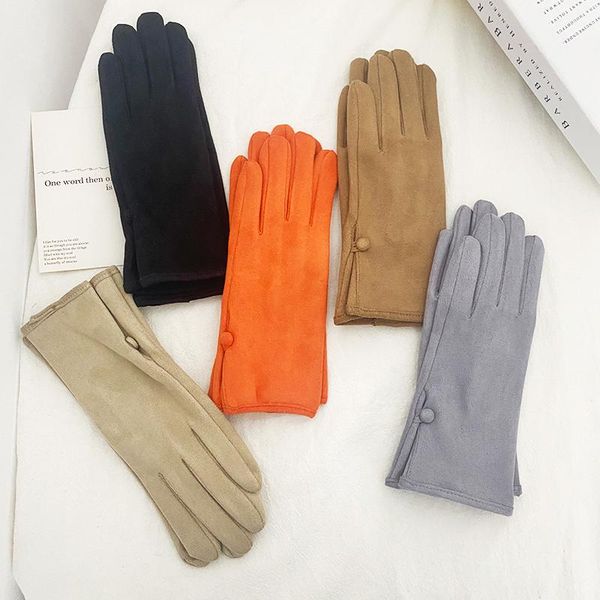 

five fingers gloves solid winter women plus velvet thicken touch screen fashion buttons suede cold-proof sub-finger warm mittens, Blue;gray