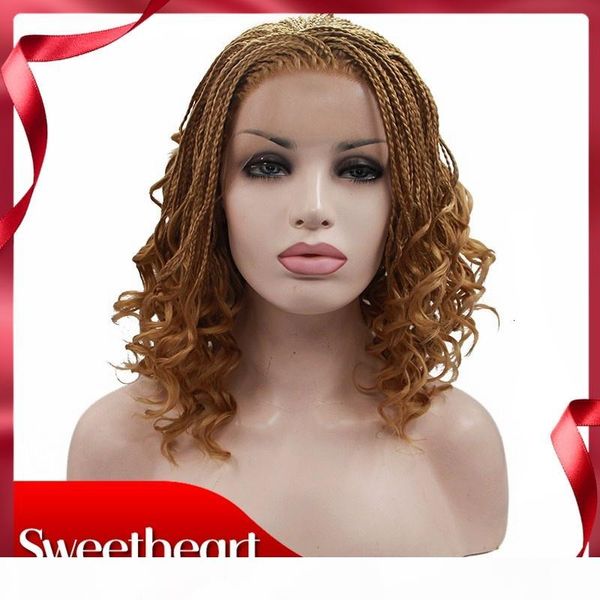 

high temperature fiber hair baby hair short brown synthetic braid box braids swiss lace front wig for african american women, Black