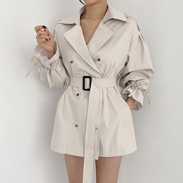 

zcsmll korean chic minimalism french lapel double breasted thin waist straight windbreaker jacket with belt women, Tan;black