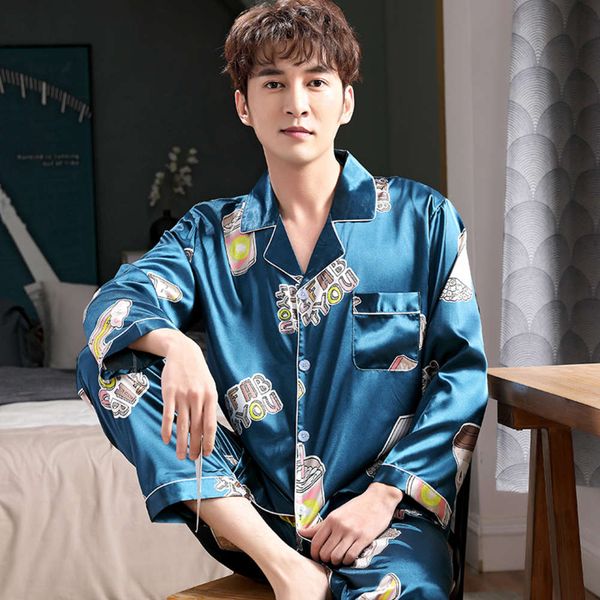 

autumn men's pajamas silk two piece set ice thin rainbow home spring and summer suit, Black;brown