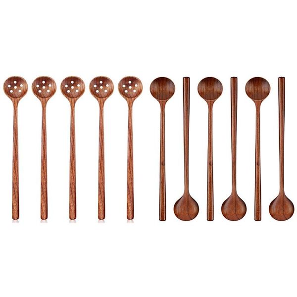 

spoons 6 pieces wooden long handle round korean style soup & 5x with handles