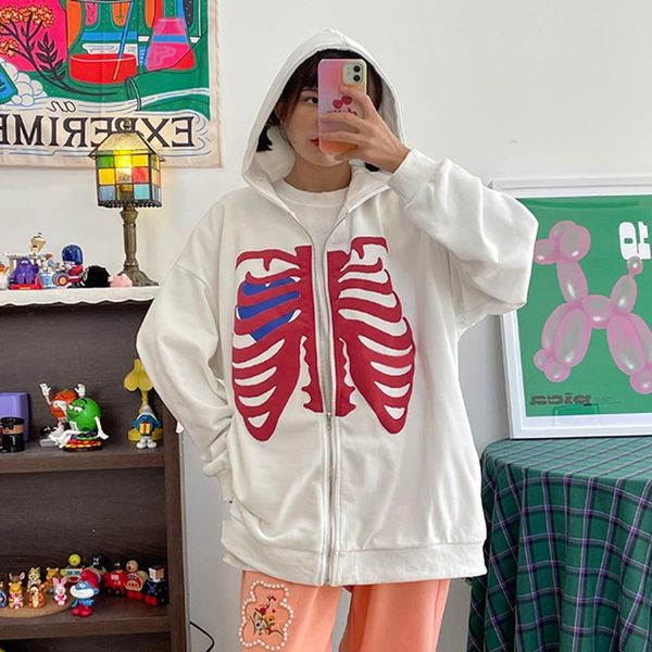 

women's hoodies & sweatshirts y2k full zip vintage e girls long sleeve heart skeleton print loose hooded fashion streetwear, Black