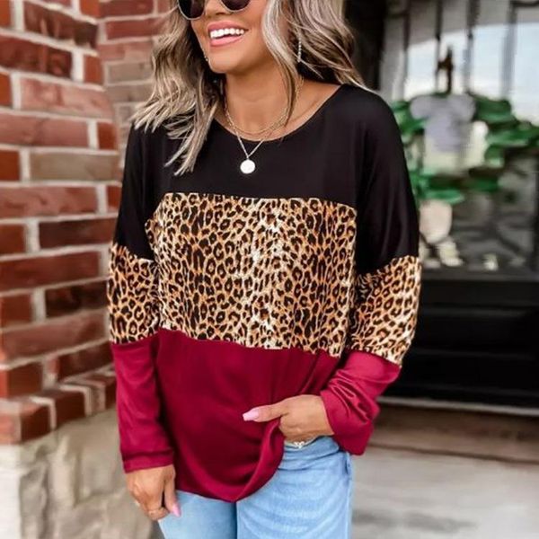 

women's t-shirt women round neck stitching leopard print plus size long-sleeved loose bat sleeve autumn and winter contrast color, White