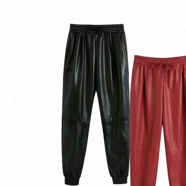 

2020 new women trousers hight waist faux leather jogging trousers elastic drawstring waistband female pants pantalon femme mujer, Black;white
