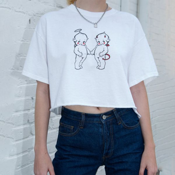 

new fashion angel print crop women summer white sleeve loose tees casual chic streetwear short t shirts 2021 ilgr