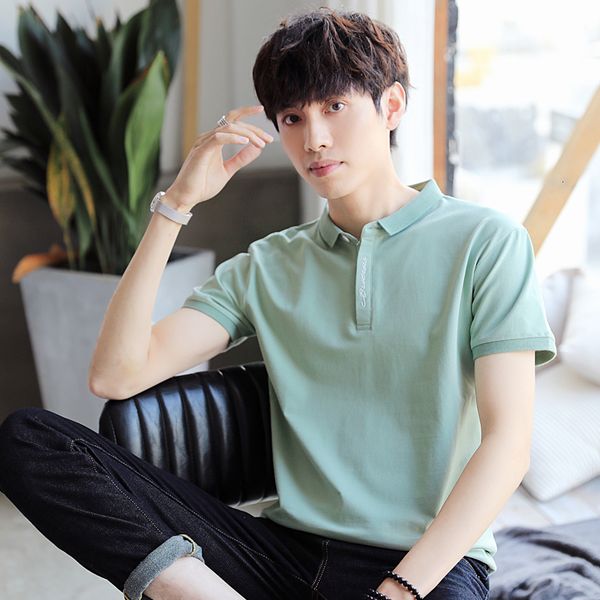 

new summer 2021 mens t-shirt short sleeve solid slim casual turn-down color tshirt men's clothing h3j2, White;black