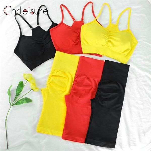 

chrleisure shorts sets women yoga set push up seamless leggings high waist sportswear fitness workout tracksuit 210802, Gray