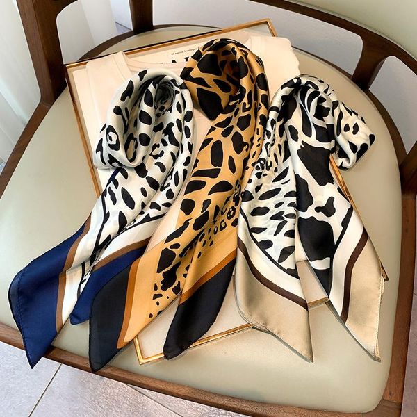 

scarves fashion square silk scarf women leopard dot pattern shawls and wraps bag hair tie bandanas 70*70cm, Blue;gray