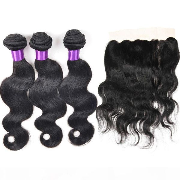 

unprocessed 7a chinese body wave with lace frontal 3 bundles virgin hair with closure human hair bundles with closure, Black