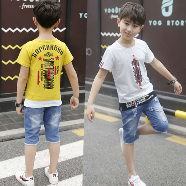 

2021 boys summer new suit short sleeve t-shirt spring children's english jeans two piece set fashion, White