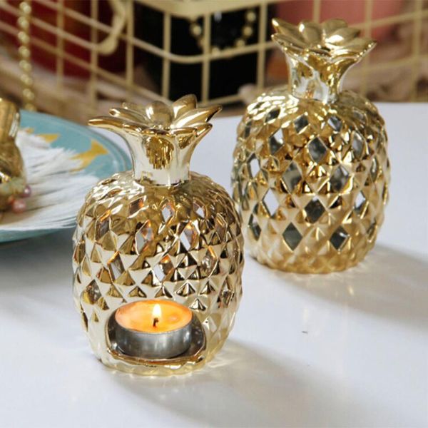 

incense-n-wishceramic pineapple candle holders figurines gold plating pineapple fruit ornament candel holder model home decor