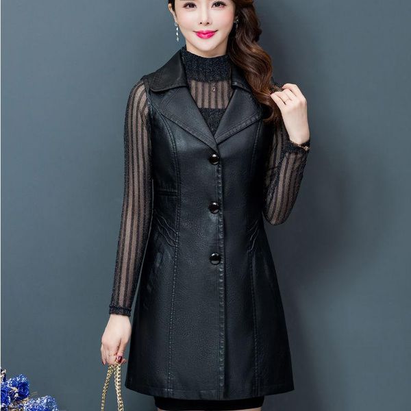 

women's leather & faux plus size 6xl 2021 pu red vest long sleeveless coat female spring waistcoat for feminine jacket l77, Black