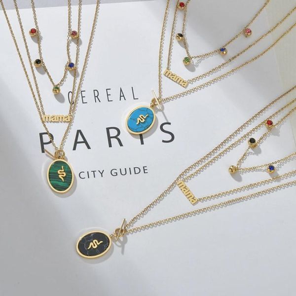 

pendant necklaces classic stone layered letter snake pattern locket necklace for women stainless steel chain choker 2021 fashion jewellery t, Silver