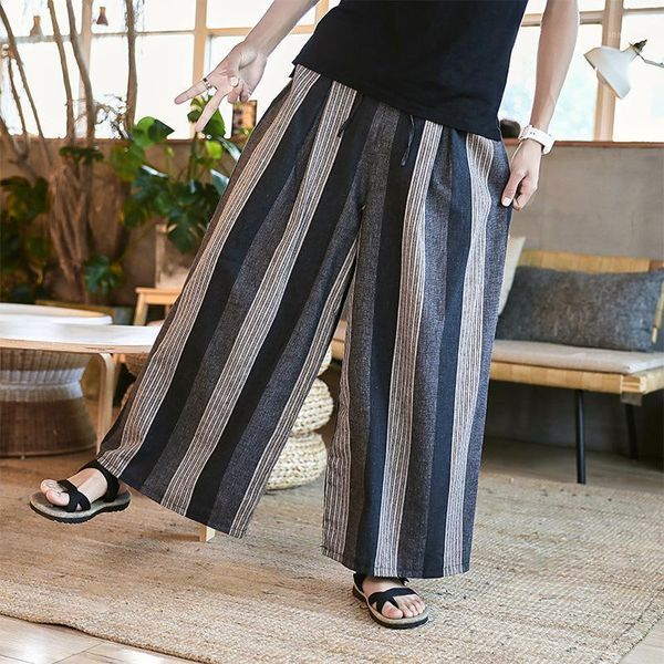 

men's loose cut long striped linen pants straight, Black
