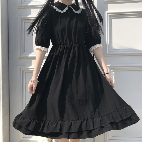 

japanese college style summer womens dress sweet peter pan collar kawaii lace ruffles short sleeve mori girl black woman, Black;gray
