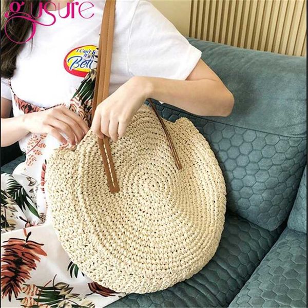 

gusure women round circular rattan bag soild color wicker straw woven shoulder bags female's fashion traveling bag 211026