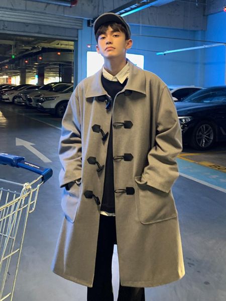 

men's wool & blends long gray coat men winter fashion thick black loose solid pocket trend chaquetas hombre clothing df50wb