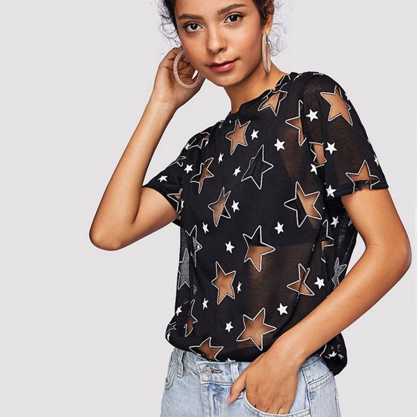 

new black white sheer mesh trendy clothes summer fashion t shirt women 2021 short sleeve tee shirts c25 jimm